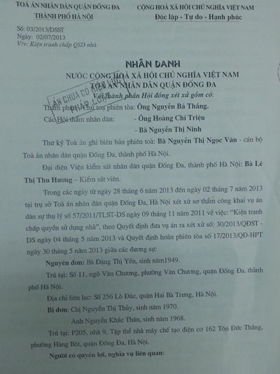 Kháng nghị bản án vụ bán nhà bằng chữ ký giả tại quận Đống Đa - 1 Bản án sơ thẩm của TAND quận Đống Đa chấp nhận yêu cầu khởi kiện của bà Yến