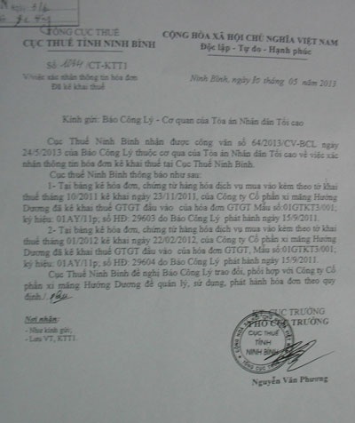 Báo Công lý khởi kiện “đại gia” xi măng Ninh Bình - 1 Công văn trả lời của Cục thuế tỉnh Ninh Bình khẳng định Công ty CP XM Hướng Dương