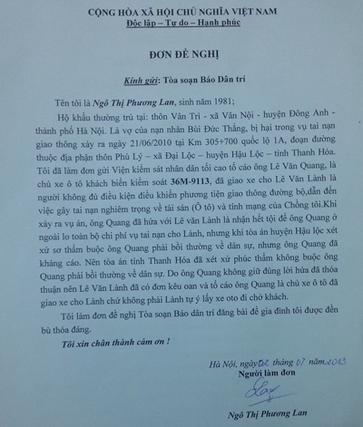Chủ xe gây tai nạn làm 4 người chết được tòa án "giúp" chối bỏ trách nhiệm? - 1 Đơn đề nghị bà Ngô Thị Phương Lan gửi đến báo Dân trí