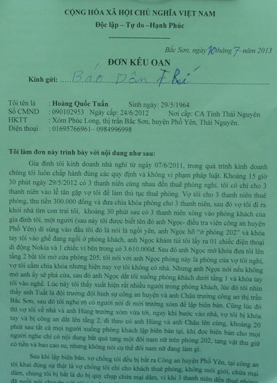 Đề nghị làm rõ dấu hiệu oan sai trong vụ án “chứa mại dâm” ở huyện Phổ Yên - 2 Đơn kêu oan ông Hoàng Quốc Tuấn gửi đến báo Dân trí