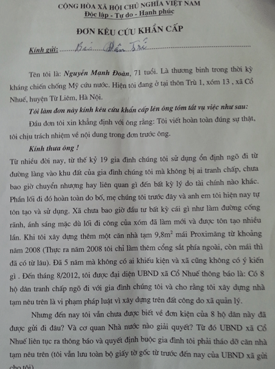 Bỗng dưng mất đất tổ tiên vì quyết định khuất tất của xã Cổ Nhuế - 1 Đơn kêu cứu ông Nguyễn Mạnh Đoàn gửi đến báo Dân trí