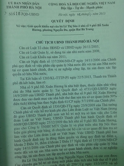 Quyết định giải quyết khiếu nại của UBND TP. Hà Nội