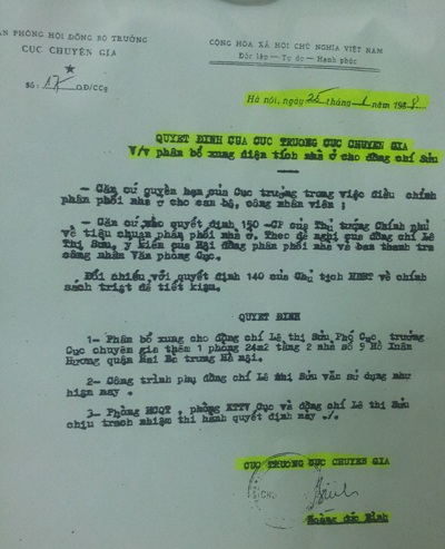 Quyết định phân nhà cho bà Lê Thị Sửu của Cục Chuyên gia