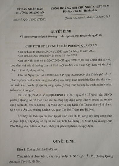 Quyết định cưỡng chế công trình không phép tại quận Tây Hồ - 3 Quyết định cưỡng chế công trình vi phạm của UBND phường Quảng An