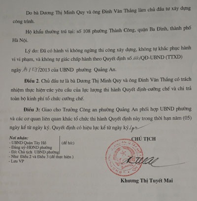 Quyết định cưỡng chế công trình không phép tại quận Tây Hồ - 4 Quyết định cưỡng chế công trình vi phạm của UBND phường Quảng An