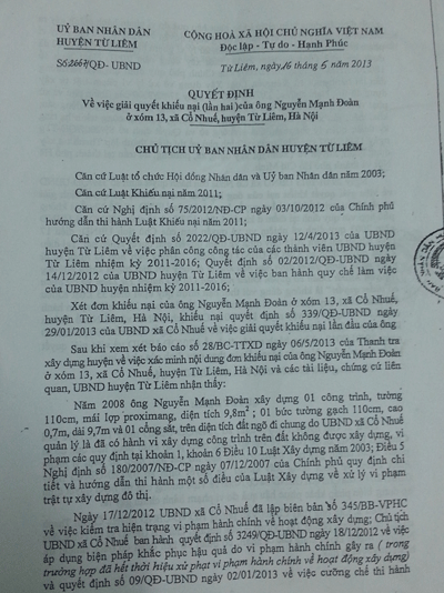 Bỗng dưng mất đất tổ tiên vì quyết định khuất tất của xã Cổ Nhuế - 3 Ông Đoàn cho rằng quyết định giải quyết khiếu nại của huyện Từ Liêm chưa thấu đáo