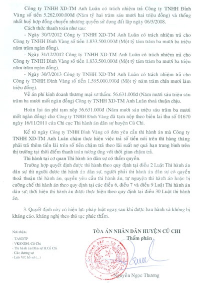 Doanh nghiệp khốn đốn vì “chiêu lừa” của Công ty Anh Luân - 3 Phán quyết của TAND huyện Củ Chi yêu cầu Công ty Anh Luân trả tiền cho khách hàng