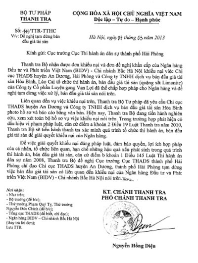 Nghi án Thi hành án huyện An Dương ký quyết định trái luật - 1 Văn bản yêu cầu dừng việc thi hành án của Thanh tra Bộ Tư pháp