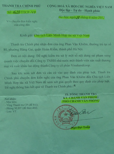 Tập thể cán bộ, công nhân viên Vinahandcoop tiếp tục kêu cứu - 4 Thanh tra Chính phủ đã 2 lần ban hành văn bản chỉ đạo giải quyết