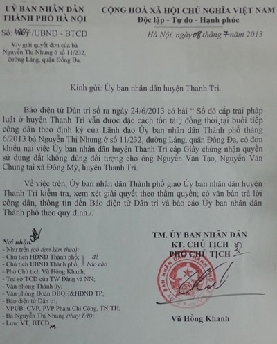 Bài 7: Kỳ án oan khuất của gia đình liệt sỹ: Huyện Thanh trì cấp sổ đỏ trái luật - 1 Văn bản chỉ đạo giải quyết của Phó Chủ tịch UBND TP. Hà Nội Vũ Hồng Khanh