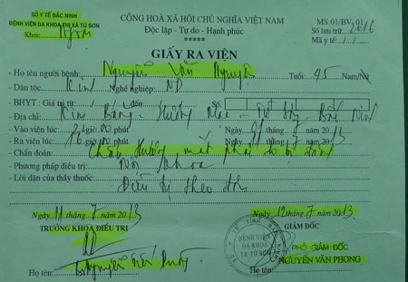 Giấy ra viện của ông Nguyễn Văn Nguyện