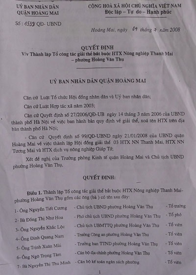 Công dân phường Hoàng Văn Thụ “tố” quận Hoàng Mai thu hồi đất theo hồ sơ “khống” - 6 3 năm sau khi bị giải thể bắt buộc, HTX nông nghiệp Thanh Mai lại được phục sinh