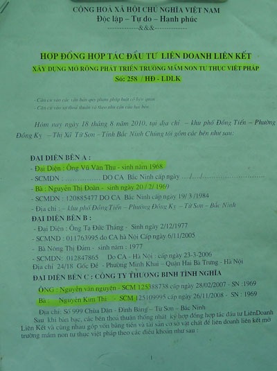 Hợp đồng góp vốn đầu tư giữa ông Nguyện và vợ chồng ông Vũ Văn Thu