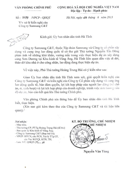 Vụ 1000 lao động kêu cứu: Phê bình Trưởng Ban Quản lý Khu kinh tế Vũng Áng - 2 Văn bản truyền đạt ý kiến chỉ đạo của Phó Thủ tướng Hoàng Trung Hải