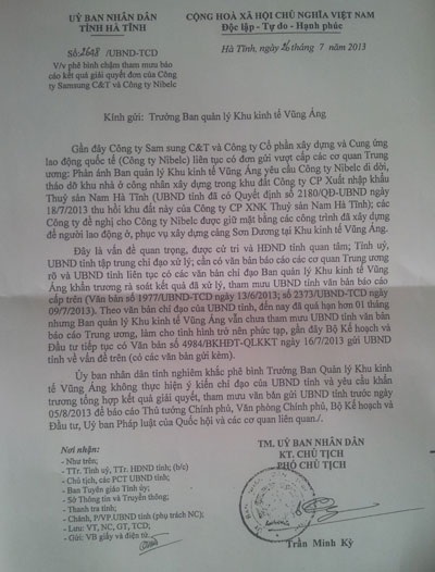 Vụ 1000 lao động kêu cứu: Phê bình Trưởng Ban Quản lý Khu kinh tế Vũng Áng - 3 Trưởng Ban Quản lý KKT Vũng Áng bị phê bình vì không thực hiện chỉ đạo