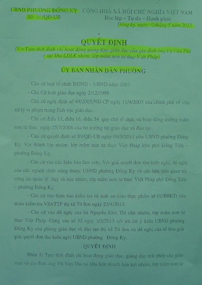 Quyết định tạm đình chỉ hoạt động trường mầm non Việt Pháp