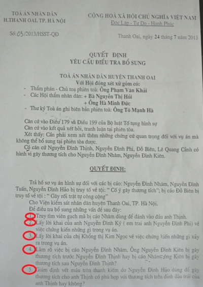 TAND huyện Thanh Oai yêu cầu làm rõ 10 vấn đề trong vụ án tại xã Cao Viên
