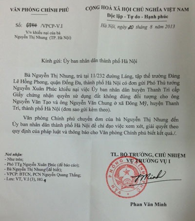 Bài 12: Phó Thủ tướng yêu cầu làm rõ kỳ án oan khuất của gia đình liệt sỹ - 1 Văn bản chỉ đạo của Văn phòng Chính phủ gửi UBND TP. Hà Nội