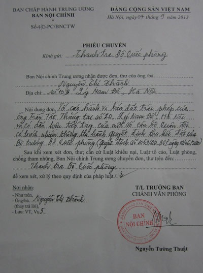 Ban Nội chính Trung ương đề nghị xử lý vụ thu hồi đất số 10 Lý Nam Đế - 1 Văn bản của Ban Nội chính gửi Thanh tra Bộ Quốc phòng