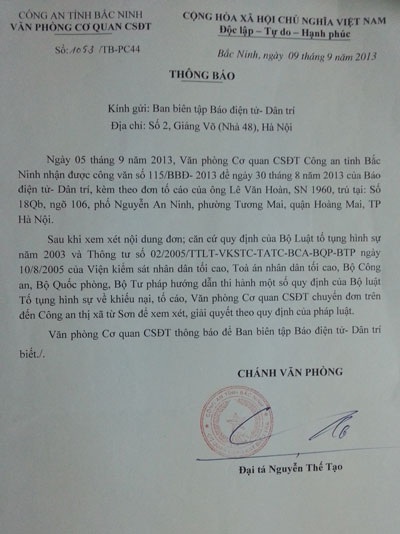 Công an Bắc Ninh yêu cầu điều tra vụ phá nhà, gây thương tích ở TX Từ Sơn - 1 Văn bản của Cơ quan CSĐT - Công an tỉnh Bắc Ninh gửi báo Dân trí