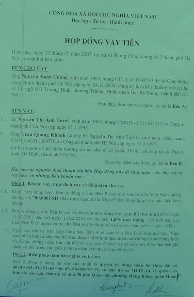 Kháng nghị bản án có dấu hiệu bất thường của Tòa án Hà Nội - 1 Hợp đồng cho vay tiền của ông Cường ký với vợ chồng ông Khánh