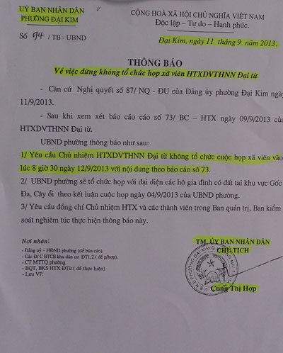 Bị thu hồi chợ, xã viên Hợp tác xã Đại Từ viết đơn kêu cứu - 4 Thông báo cấm HTX Đại Từ tổ chức họp các xã viên của Chủ tịch phường Đại Kim