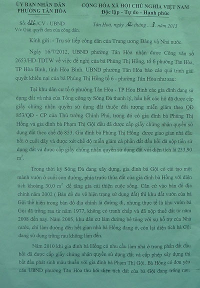 Văn bản giải trình có nhiều điểm mập mờ của phường Tân Hòa