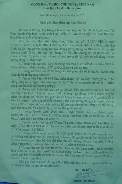 Đơn đề nghị bà Phùng Thị Hồng gửi đến báo Dân trí