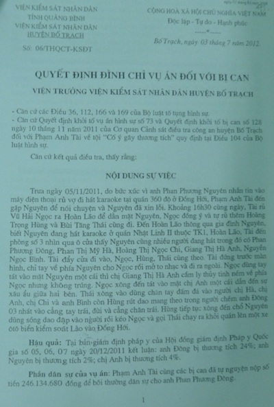 Dấu hiệu bỏ lọt tội phạm vụ cán bộ thuế Quảng Bình tổ chức chém người - 3 Quyết định đình chỉ điều tra của Viện KSND huyện Bố Trạch gây bức xúc dư luận