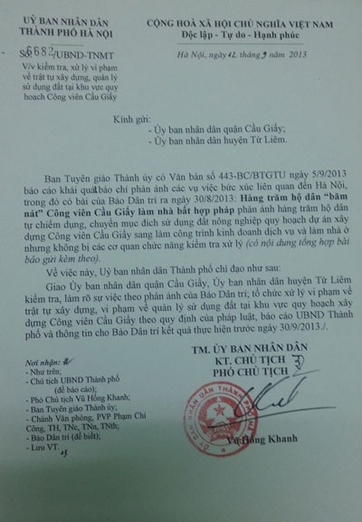 Bài 3: TP. Hà Nội chỉ đạo xóa sổ tình trạng “băm nát” Công viên Cầu Giấy - 1 Văn bản chỉ đạo của UBND TP. Hà Nội