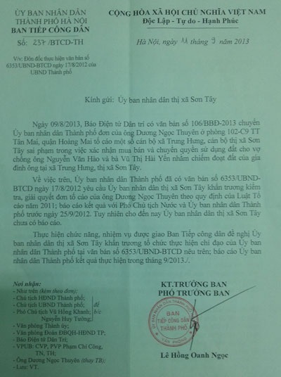 TP Hà Nội chỉ đạo làm rõ vụ Đại tá Quân đội 17 năm mất đất - 1 Văn bản đốc thúc của UBND TP. Hà Nội