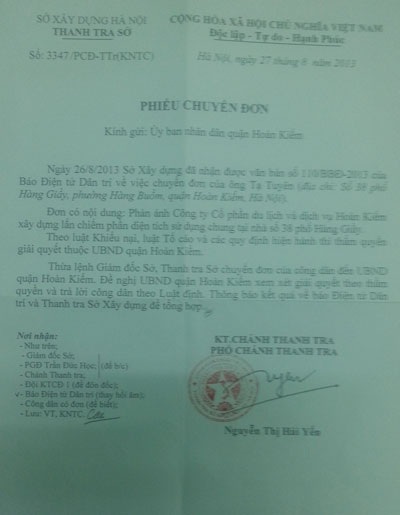 Văn bản của Thanh tra Sở Xây dựng thông báo việc chuyển đơn