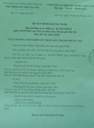 Kháng nghị bản án có dấu hiệu bất thường của Tòa án Hà Nội - 6 Quyết định kháng nghị của Viện KSND TP. Hà Nội