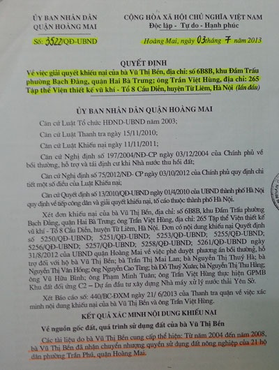 Hủy bỏ quyết định trái pháp luật của UBND quận Hoàng Mai - 2 TP. Hà Nội yêu cầu quận Hoàng Mai thu hồi Quyết định số 3522