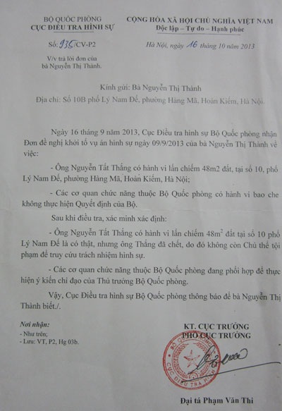 Văn bản trả lời của Cục Điều tra hình sự - Bộ Quốc phòng