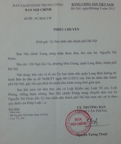 Văn bản yêu cầu giải quyết của Ban Nội chính gửi TP Hà Nội