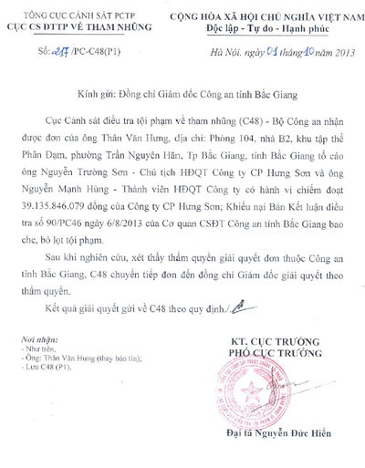 Công an tỉnh Bắc Giang “bỏ quên” đơn khiếu nại, tố cáo của công dân - 1 Công văn Cục CSĐT tội phạm về tham nhũng gửi Giám đốc Công an tỉnh Bắc Giang