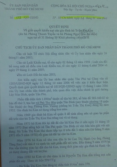Khiếu nại gần 30 năm của 9 gia đình ở quận Tân Phú chưa có hồi kết - 2 Quyết định số 172 của UBND TP. HCM
