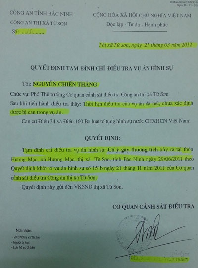 Đề nghị điều tra vụ một thanh niên bị hành hung dã man ở thị xã Từ Sơn - 4 Quyết định đình chỉ điều tra của Công an thị xã Từ Sơn