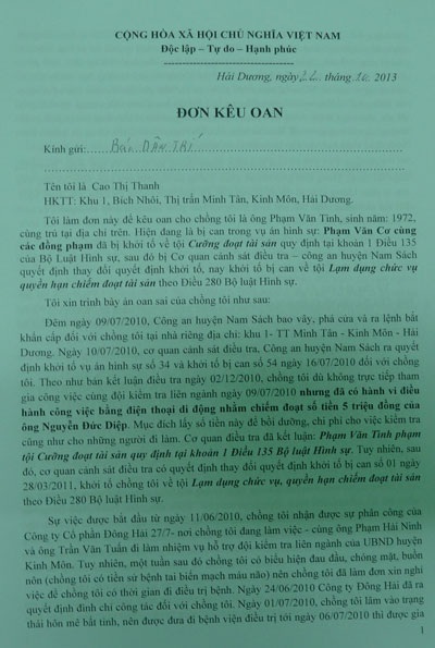 Đề nghị điều tra vụ án có dấu hiệu oan sai ở Hải Dương - 1 Đơn kêu oan ông Phạm Văn Tình gửi đến báo Dân trí