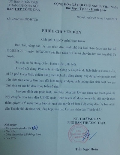 Văn bản yêu cầu xử lý sai phạm xây dựng ở 38 Hàng Giầy của TP. Hà Nội