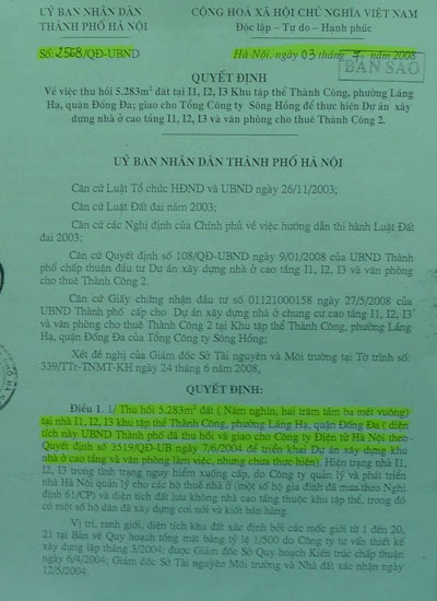 Chủ đầu tư bức xúc vì bị thanh tra ngược - 1 Quyết định giao đất triển khai dự án của UBND TP. Hà Nội