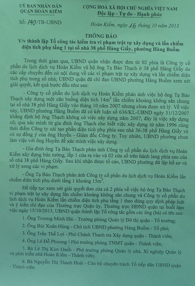 Sai phạm ở 38 Hàng Giầy vẫn thách thức TP Hà Nội - 5 Ông Tuyên cho rằng Tổ công tác của quận Hoàn Kiếm làm việc thiếu khách quan
