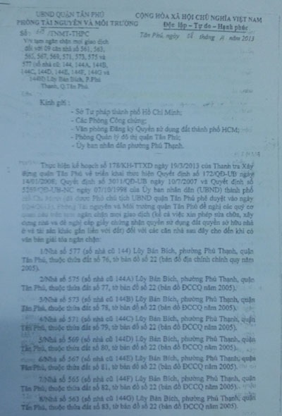 Khiếu nại gần 30 năm của 9 gia đình ở quận Tân Phú chưa có hồi kết - 3 Các hộ dân đề nghị hủy bỏ thông báo 615 của Phòng TN&MT