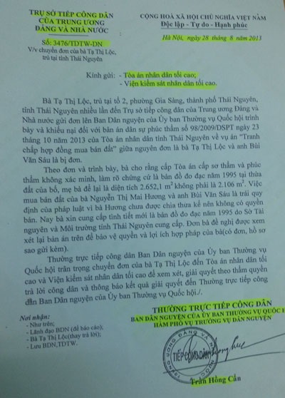 Tòa án tỉnh Thái Nguyên bị “tố” vi phạm tố tụng - 2 Văn bản của Ban Dân nguyện Quốc hội gửi TAND và Viện KSND tối cao