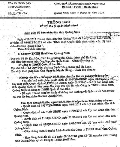 Thu hồi đất sai quy định, UBND tỉnh Quảng Ninh bị kiện ra Tòa - 1 Thông báo thụ lý vụ án hành chính của TAND tỉnh Quảng Ninh