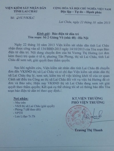 Viện KSND tỉnh Lai Châu chỉ đạo điều tra vụ tai nạn làm 2 người chết - 1 Văn bản của Viện KSND tỉnh Lai Châu gửi tòa soạn báo Dân trí