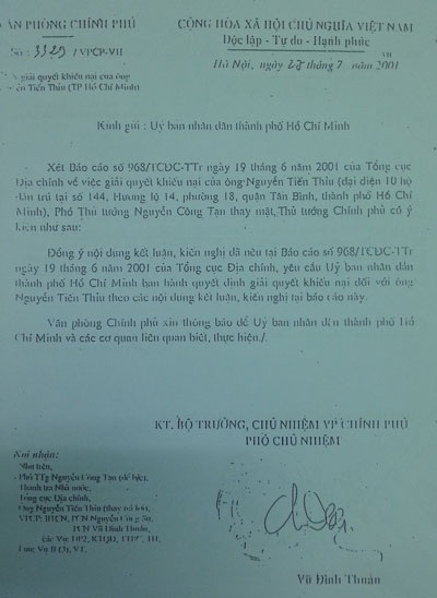 Khiếu nại gần 30 năm của 9 gia đình ở quận Tân Phú chưa có hồi kết - 1 Văn phòng Chính phủ đã ban hành nhiều văn bản chỉ dạo giải quyết