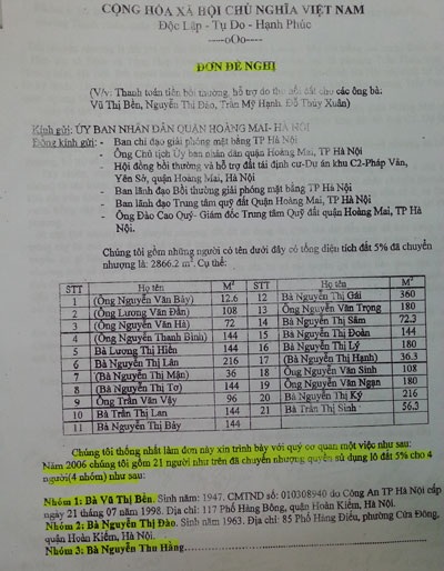 Hủy bỏ quyết định trái pháp luật của UBND quận Hoàng Mai - 3 Các hộ dân đều xác nhận việc chuyển nhượng đất cho bà Vũ Thị Bền, mặt khác
