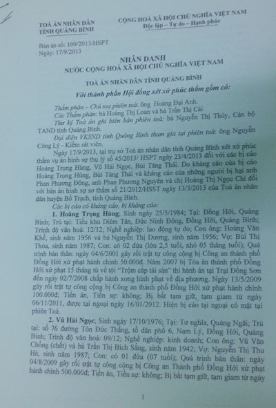 Các nạn nhân cho rằng TAND tỉnh Quảng Bình cố ý bao che tội phạm